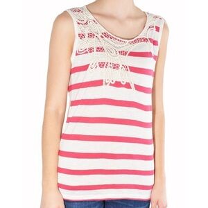 PO PORI WOMEN'S SLEEVELESS Tank Red & White Stripe With Crochet Embellishment S